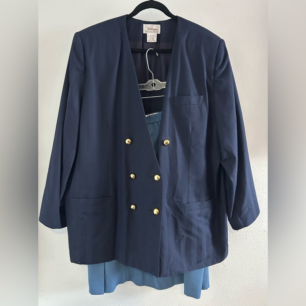 Worthington Navy Double-Breasted Blazer and Skirt